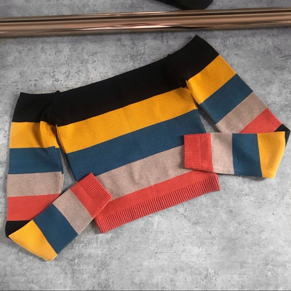 Tops - Debut Striped Off Shoulder Sweater Crop Top